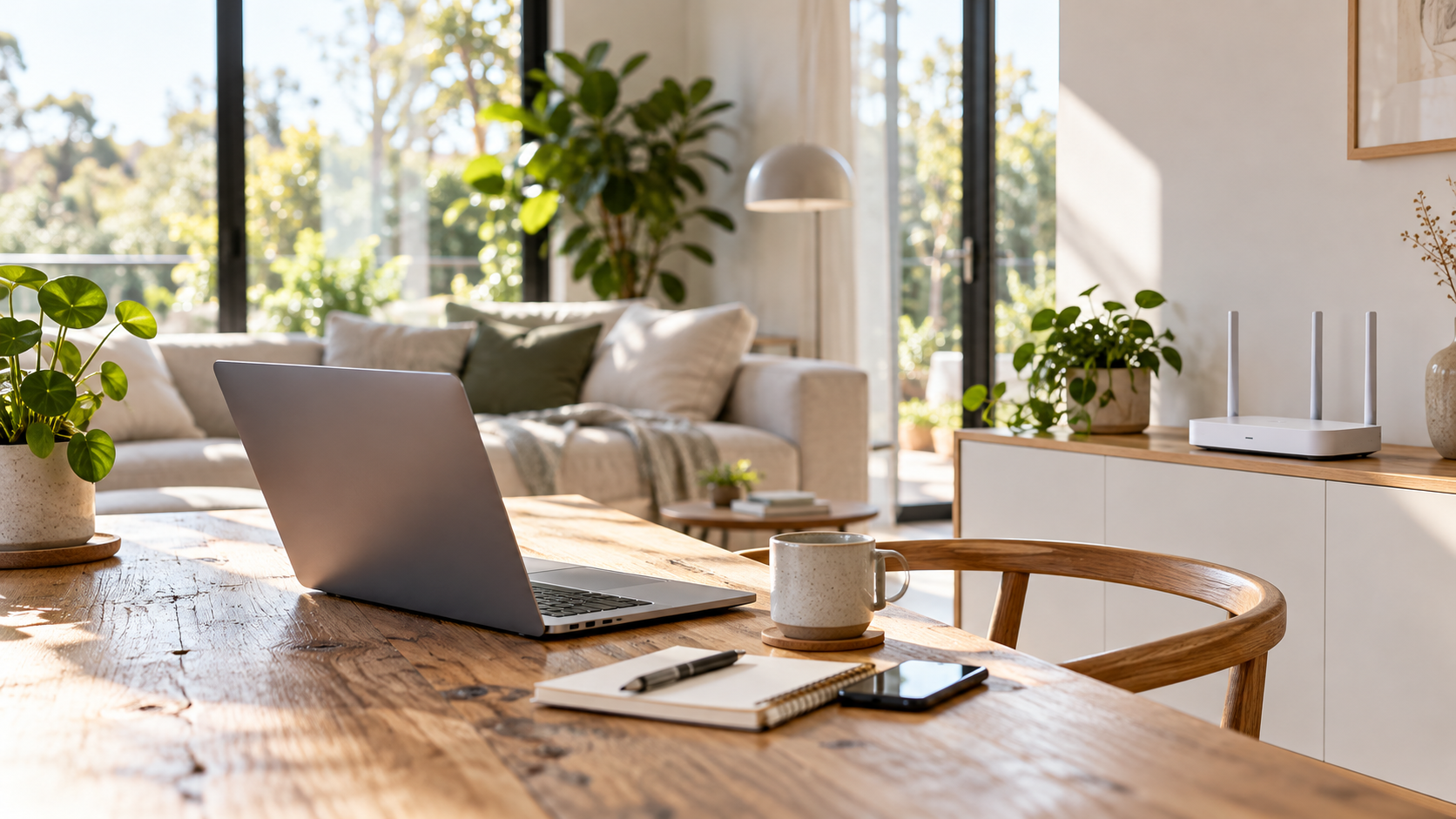 WLAN-Router und Laptop in einem hellen Wohnzimmer