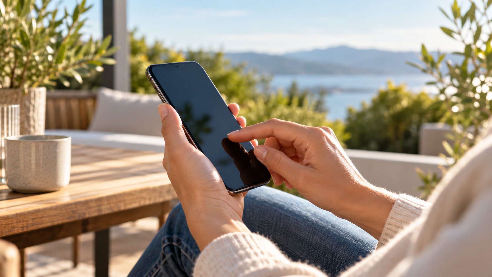 Smartphone auf einer sonnigen Terrasse