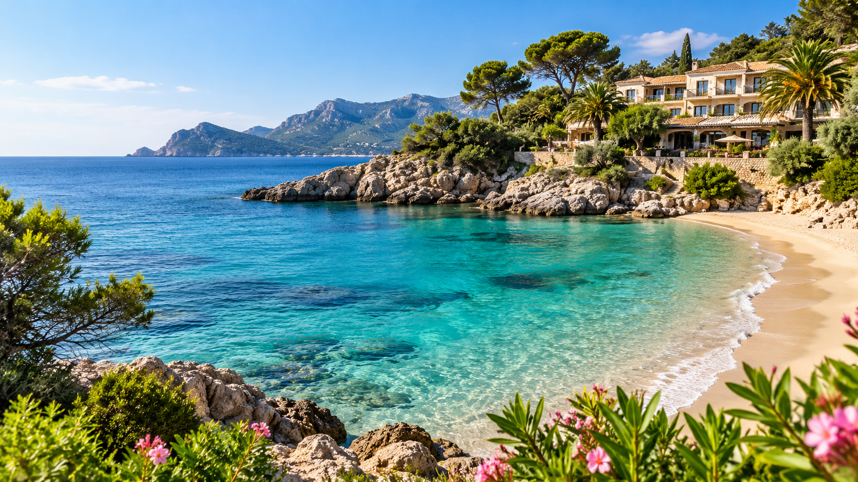 Mediterrane Bucht mit türkisblauem Meer und Ferienhotel