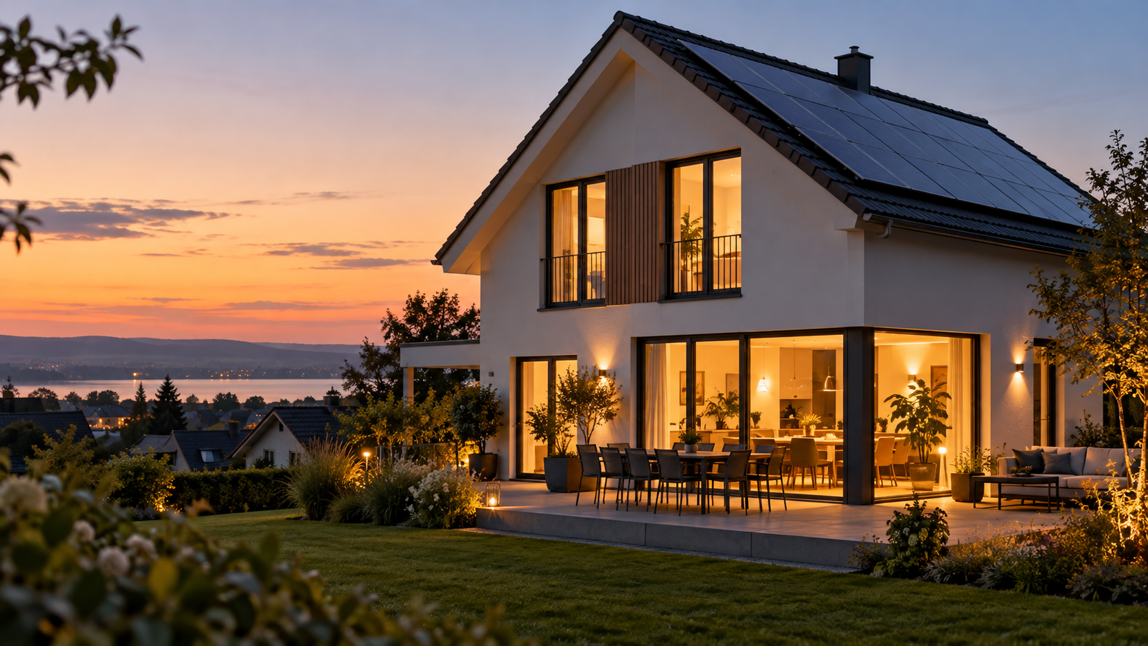 Wohnhaus mit Solardach und beleuchteten Fenstern am Abend